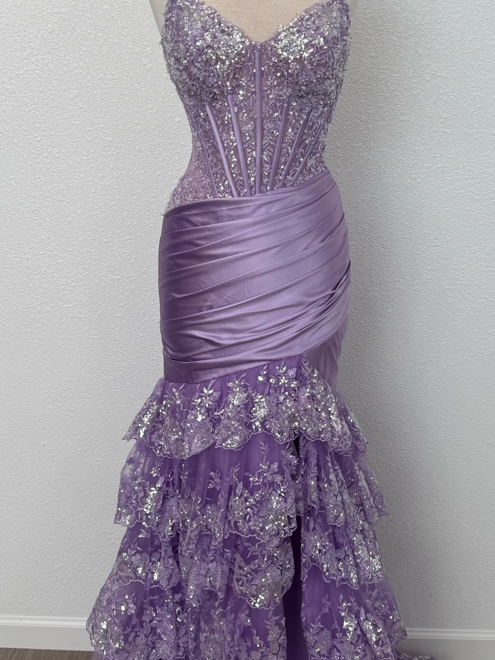 Sherri Hill Lavender Sequin Lace Strapless Mermaid Gown 57043